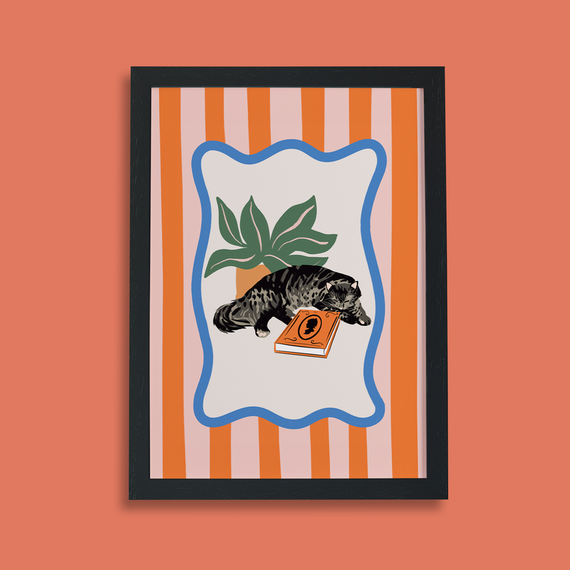 Books and Cats Print - Tabby Cat Long Haired