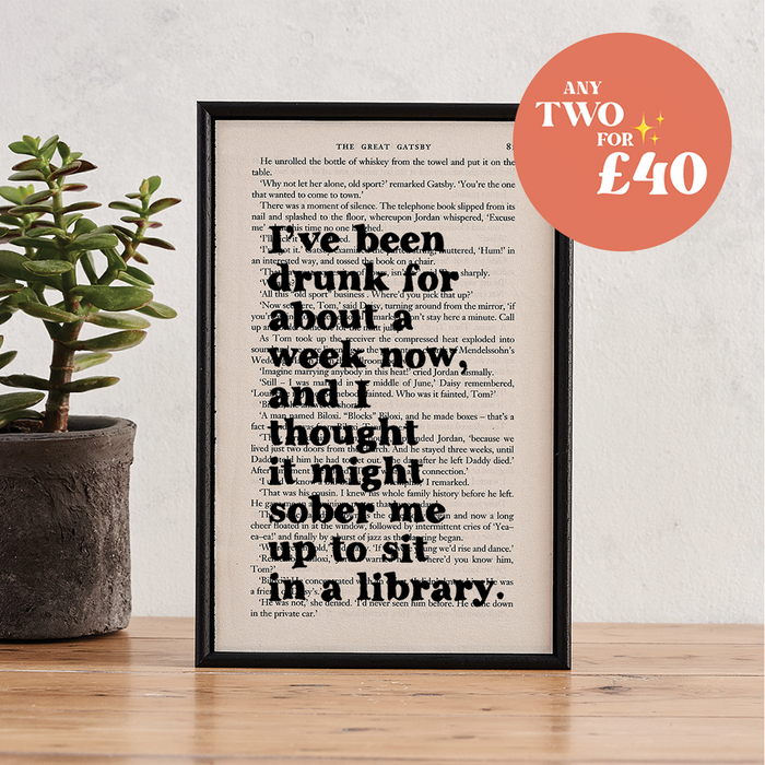 The Great Gatsby Book Page Print. Library humour. Fathers Day Gift. Home Decor. Funny Fathers Day Gift. Gifts for book lovers. 'I've been drunk for about a week now, and I thought it might sober me up to sit in a library.'