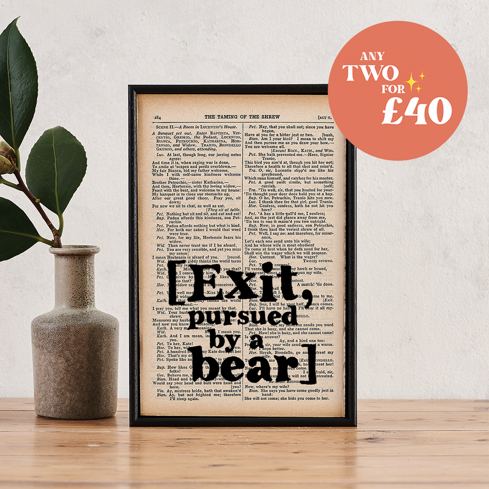 William Shakespeare gifts 'exit, pursued by a bear' framed book page print. Perfect for book lovers, bookworms, bibliophiles and readers making beautiful bookshelf or library decor. Bookishly.