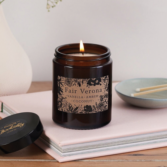 Luxury Vegan Candle. Soy wax Candle. Bookish Candle. Amber apothecary style jar. Apothecary. Hand Poured Signature Candle. Natural soy wax. Classic Literature. Reading Candle. William Shakespeare. Fair Verona. Shakespeare Gifts. Romeo and Juliet.