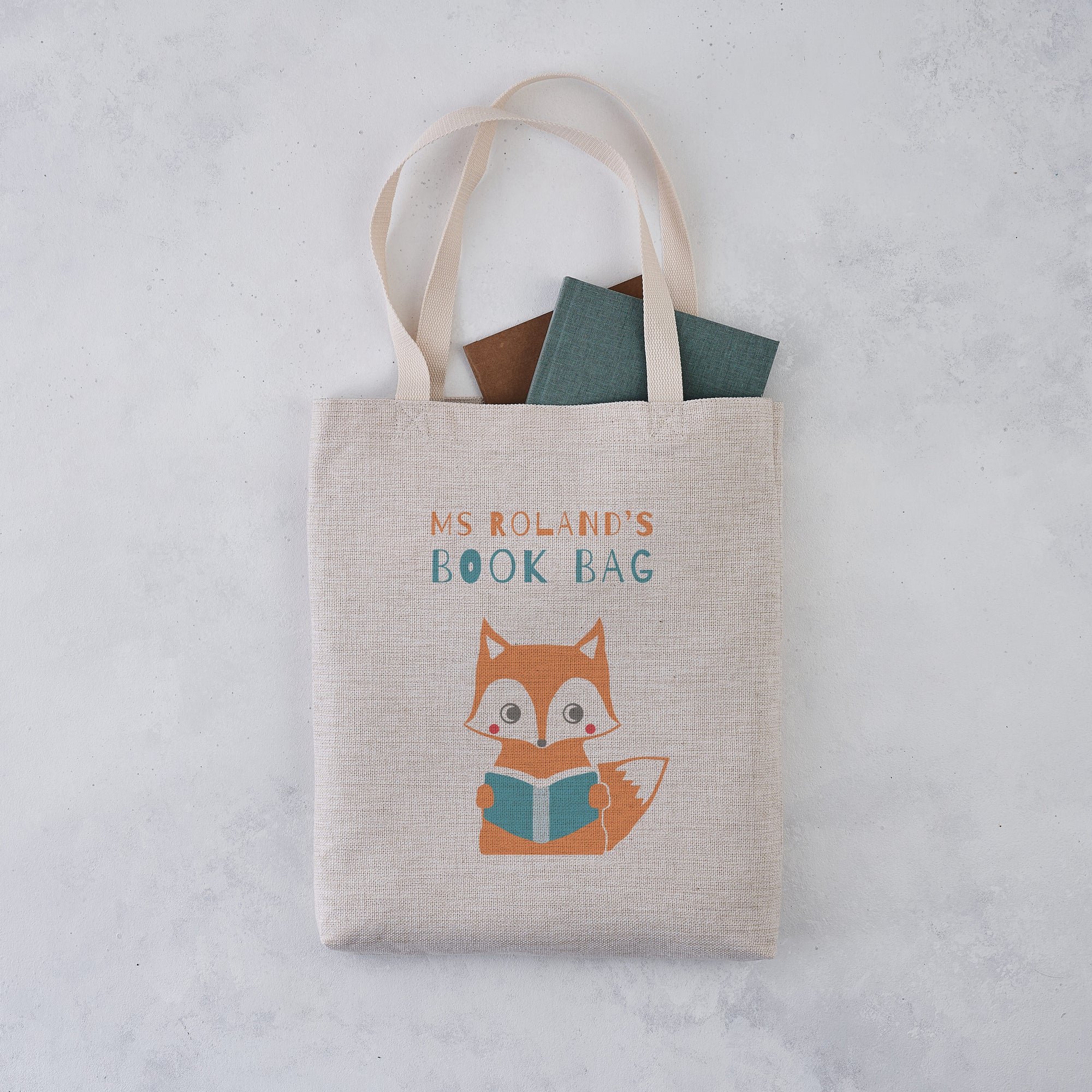 Personalised Teacher Book Bag Tote with Cute Fox Illustration