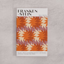 Bookishly edition of Frankenstein by Mary Shelley with a red and orange patterned dust jacket and personalised message printed on the front cover.