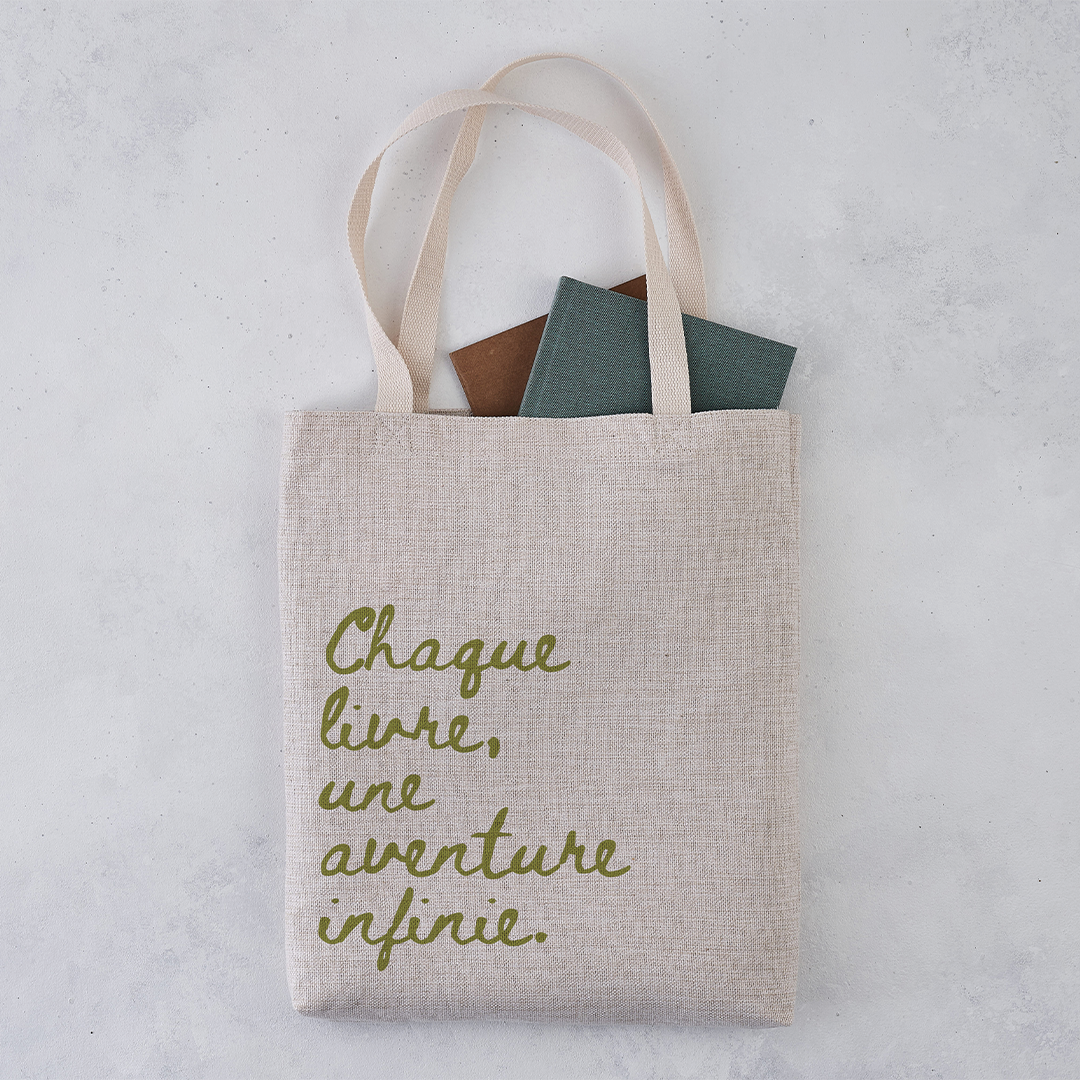 Bookish Tote bag with French typography. Each book, an infinite adventure. Inspired by Booktok and Bookstagram. Perfect for book lovers, bookworms, readers and bibliophiles.
