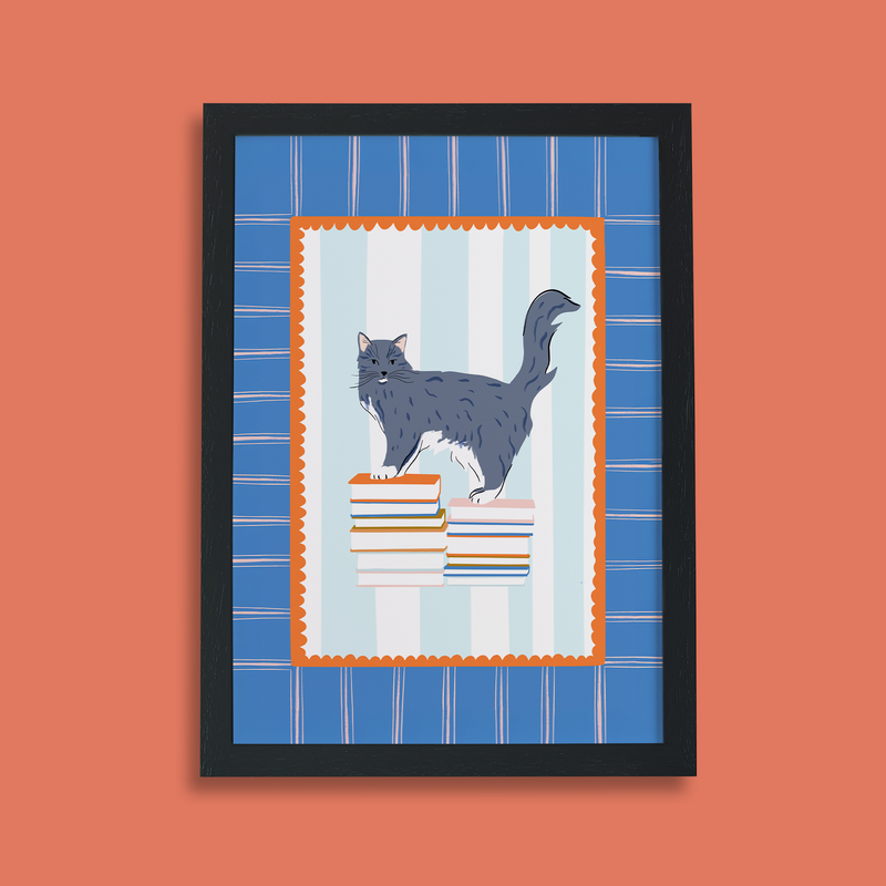 Books and Cats Print - Grey Tuxedo Long Hair