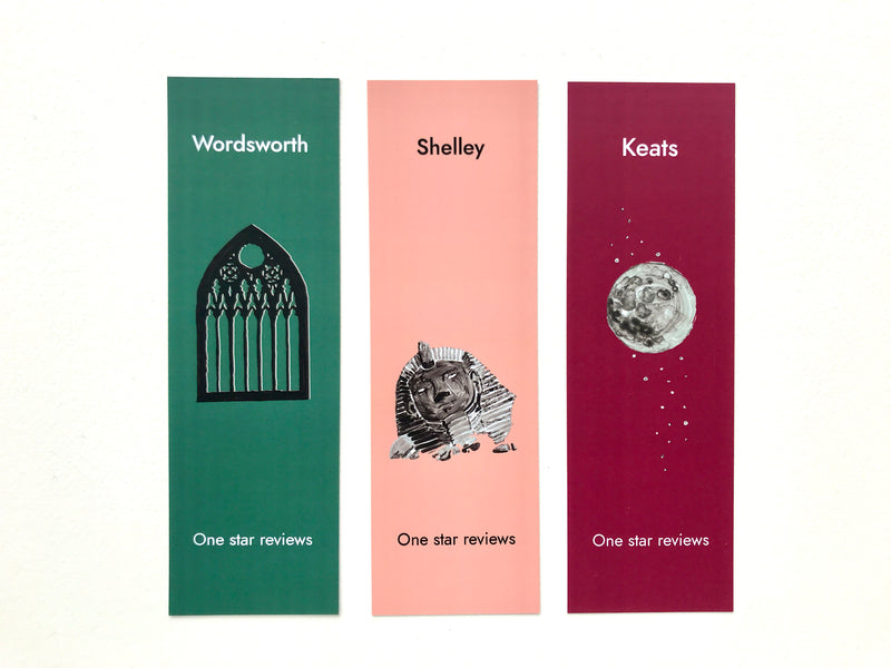 Set of three funny poetry bookmarks featuring Wordsworth, Shelley and Keats one star review designs
