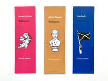 Set of three funny Shakespeare bookmarks featuring Romeo and Juliet, Julius Caesar and Macbeth one star review designs