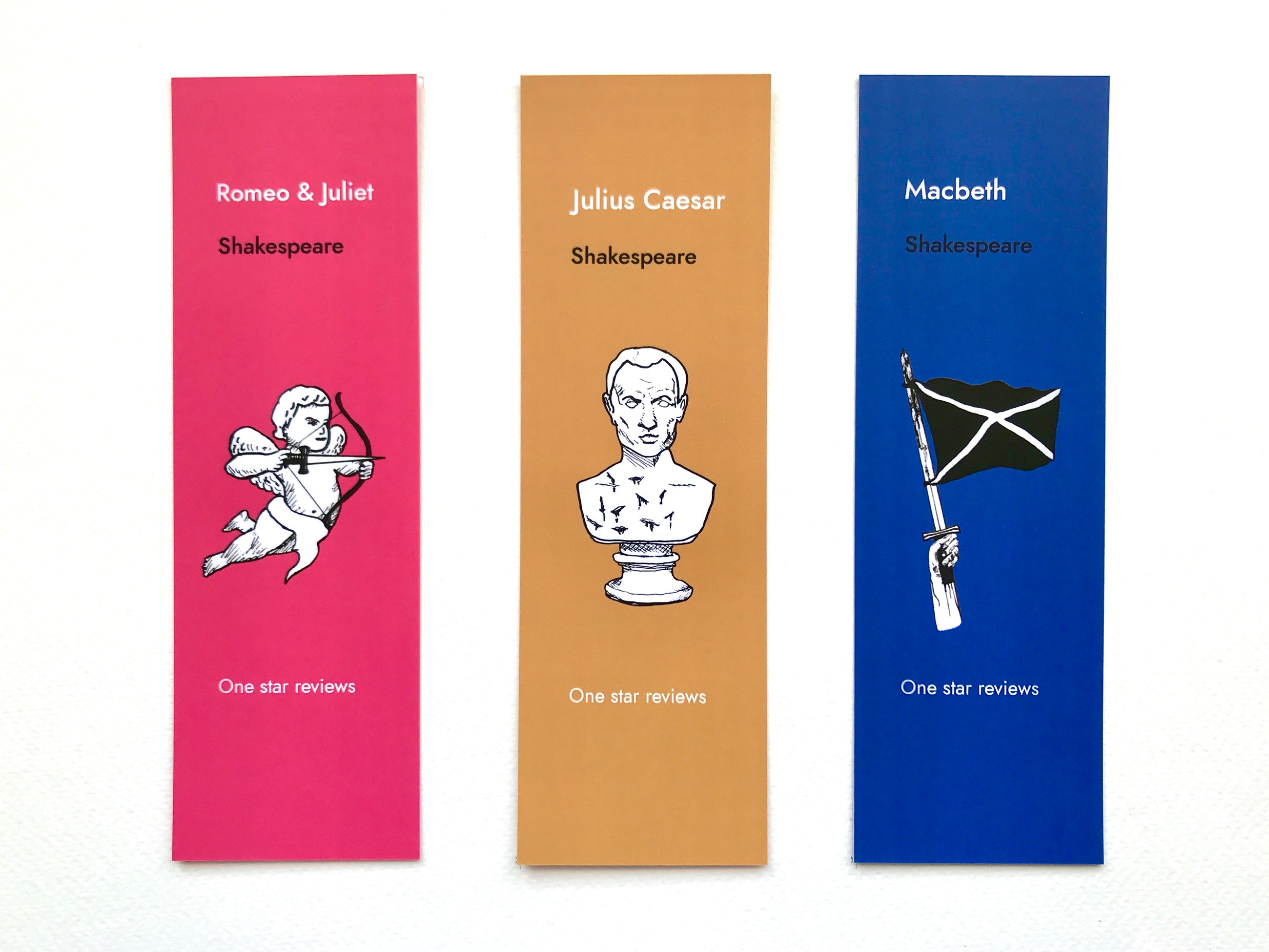 Set of three funny Shakespeare bookmarks featuring Romeo and Juliet, Julius Caesar and Macbeth one star review designs