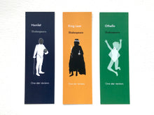 Set of three funny Shakespeare bookmarks featuring Hamlet King Lear and Othello one star review designs