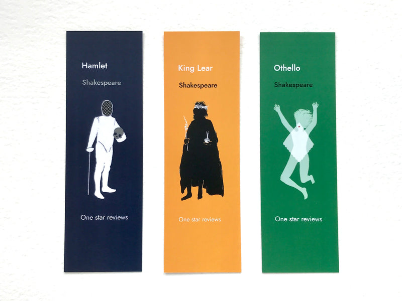 Set of three funny Shakespeare bookmarks featuring Hamlet King Lear and Othello one star review designs