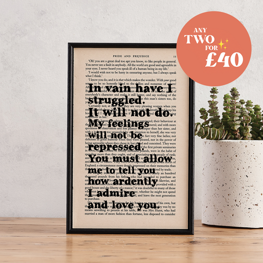 Romantic quote from classic Literature. Pride and Prejudice romantic quote. I admire and love you. Home decor for readers. Perfect for book lovers, bookworms, bibliophiles and readers.