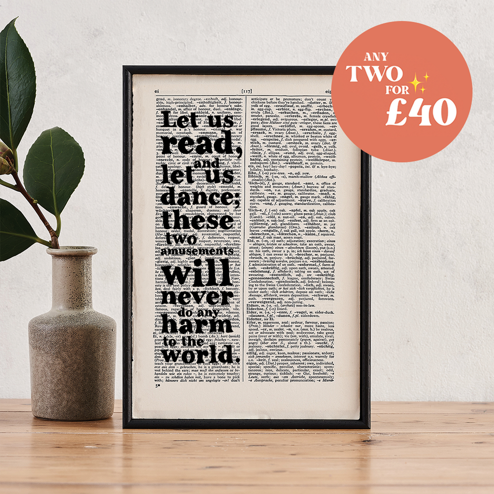 Voltaire 'Let us read, and let us dance' Bookishly Book Page Print. Perfect for book lovers, bookworms, bibliophiles and readers making beautiful bookshelf or library decor.