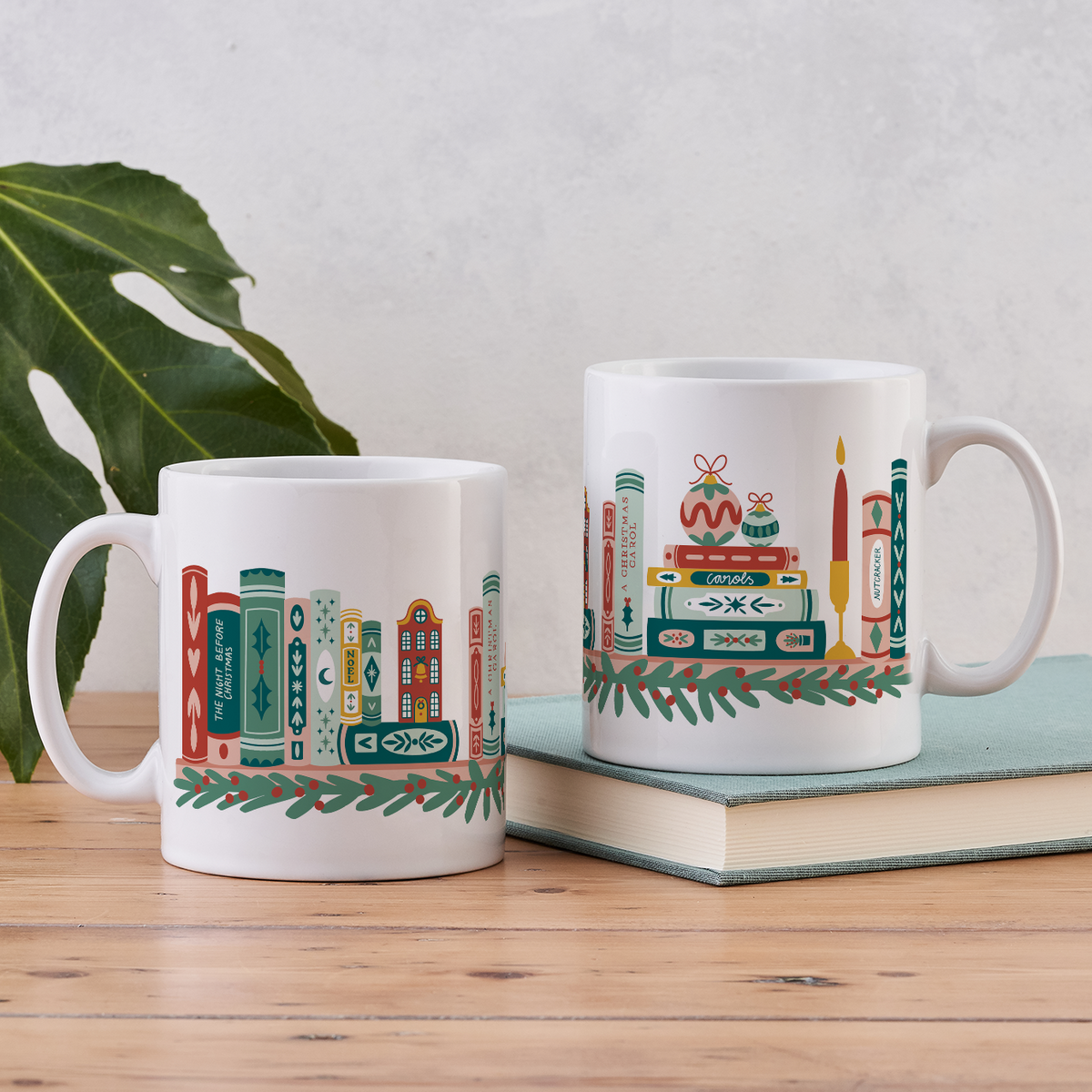 A crisp, colorful stack-of-books and bookshelf pattern on a mug.