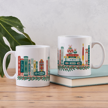 A crisp, colorful stack-of-books and bookshelf pattern on a mug.