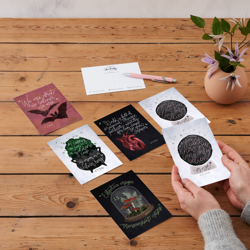 Dark academia and fantasy postcard set featuring magical mushrooms, bats, witchcraft and wizardry. Bookishly.
