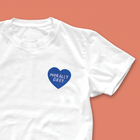 White T-shirt with navy blue heart design and “Morally Grey” hand-lettered text – a subtle tee for fantasy and dark romance readers
