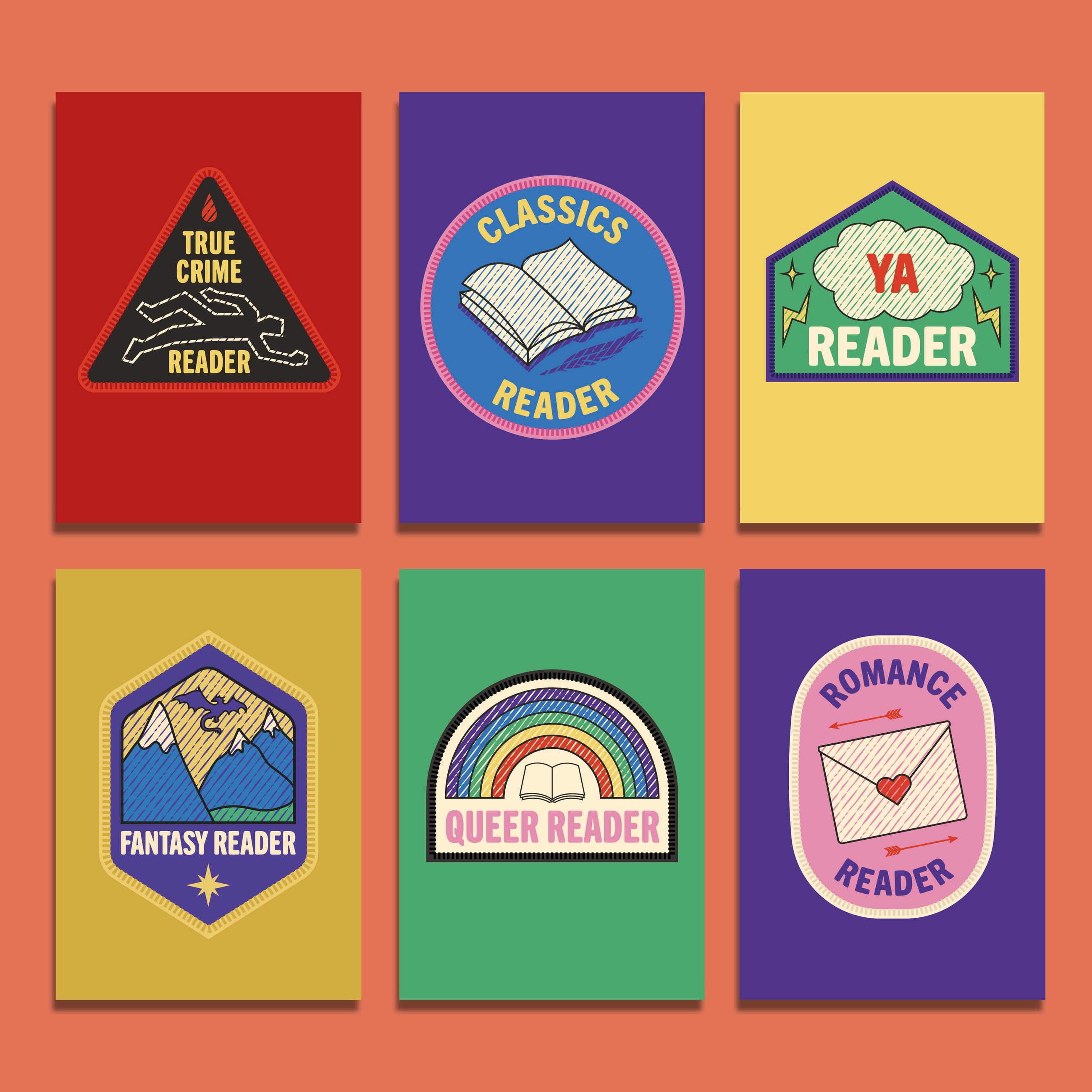 Flatlay of six illustrated postcards inspired by book genres. Each card features a colourful 'merit badge' style design for a different type of reader: True Crime, Classics, YA, Fantasy, Queer, and Romance.
