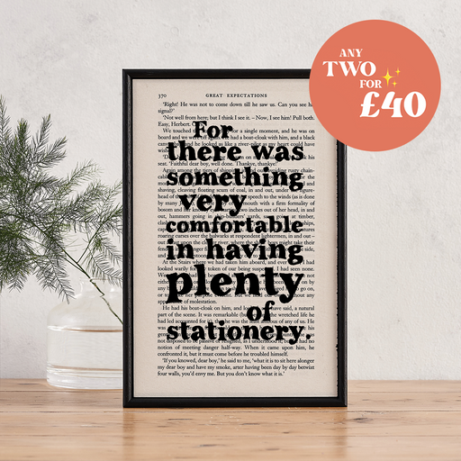 Great Expectations by Charles Dickens Book Page Print by Bookishly. 'For there was something very comfortable in having plenty of stationery.'  Classic Literature quote. Stationery addict. Perfect for book lovers, bookworms, bibliophiles and readers.