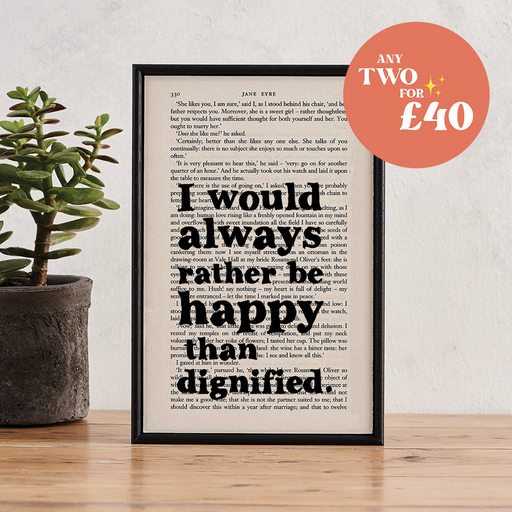 Charlotte Brontë', Jane Eyre, Motivational quote, I would always rather be happy than dignified, Book Page Print Artwork. Literary art. Bookstagram. Booktok. Bookishly. 