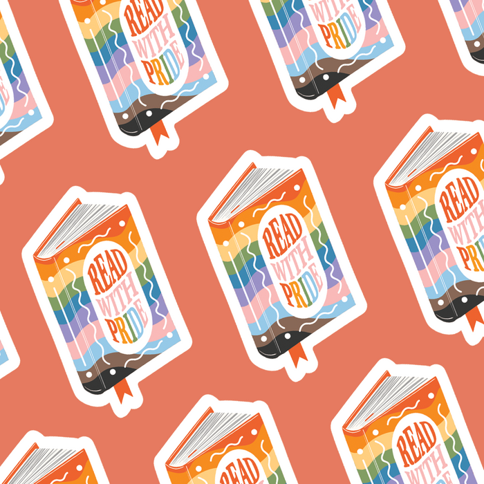 Large Vinyl sticker in the shape of a book with multicoloured font staying 'read with pride'. Pride Month, Book Shops, Queer Books, Pride Merch, Literary Merch, Bookstore Sidelines, Queer Authors, LGBT, LGBT+ LGBTQIA+