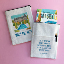 The Great Gatsby book inside West Egg 1922 fabric book sleeve on pink background