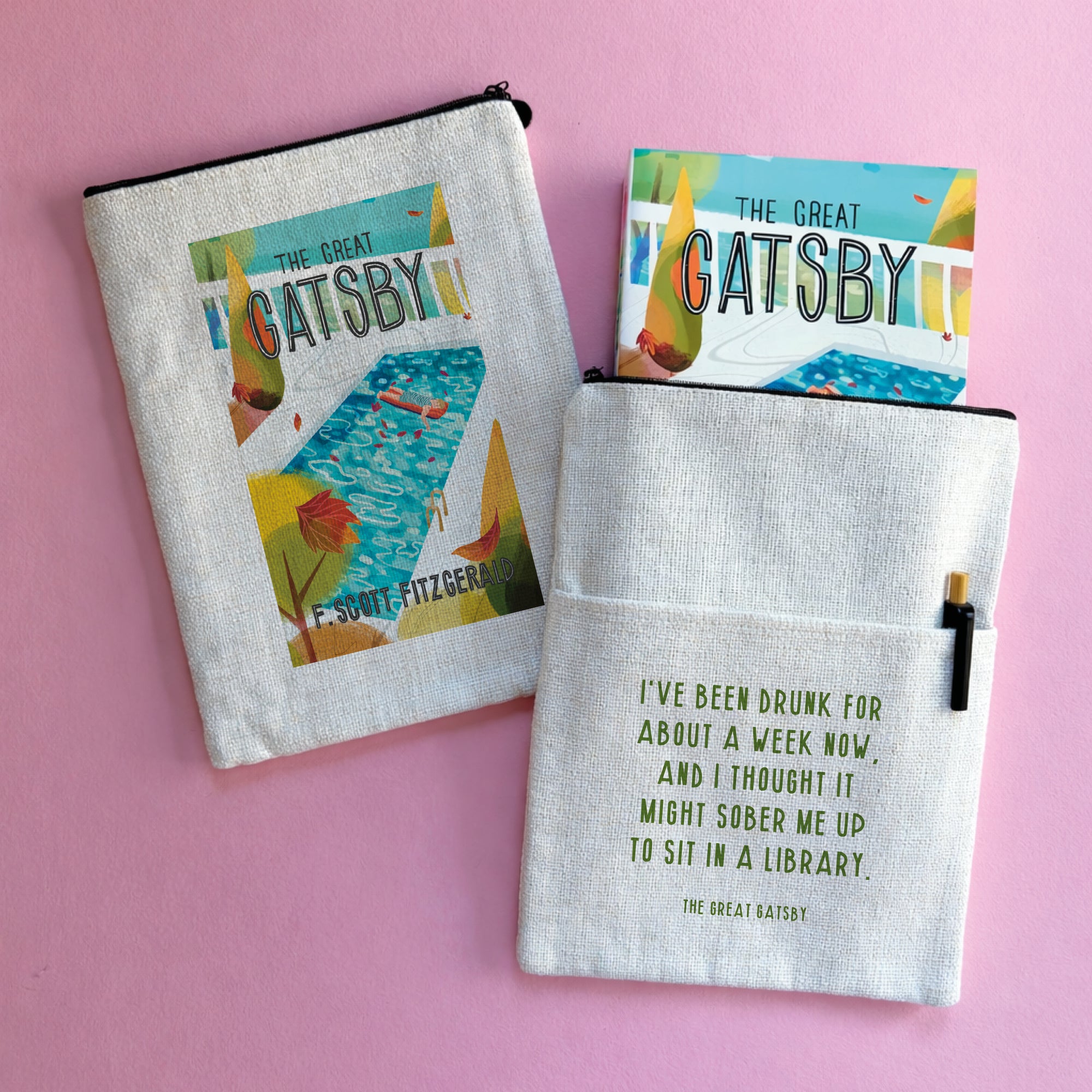 The Great Gatsby book sleeve with illustrated cover design and literary quote