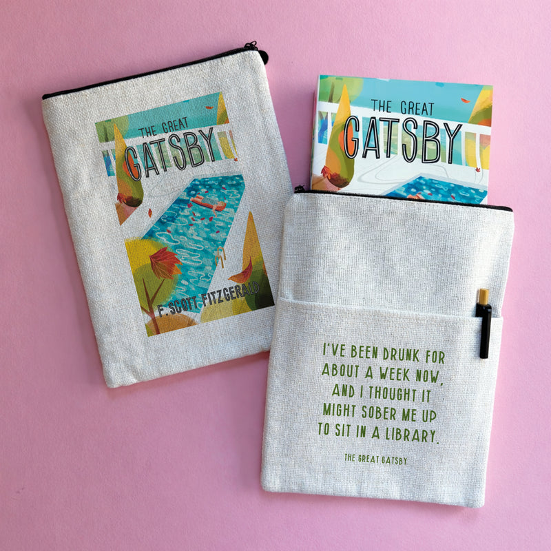 The Great Gatsby book sleeve with illustrated cover design and literary quote