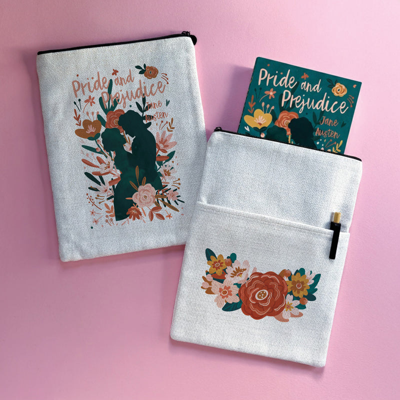 Pride and Prejudice floral book sleeve inspired by Jane Austen, holding a paperback book