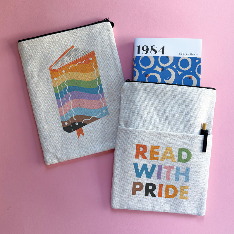 Read With Pride book sleeve with rainbow book illustration and LGBTQ+ reading message