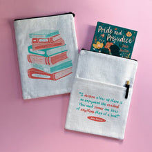 Book lover quote book sleeve with Jane Austen reading quote and illustrated stack of books