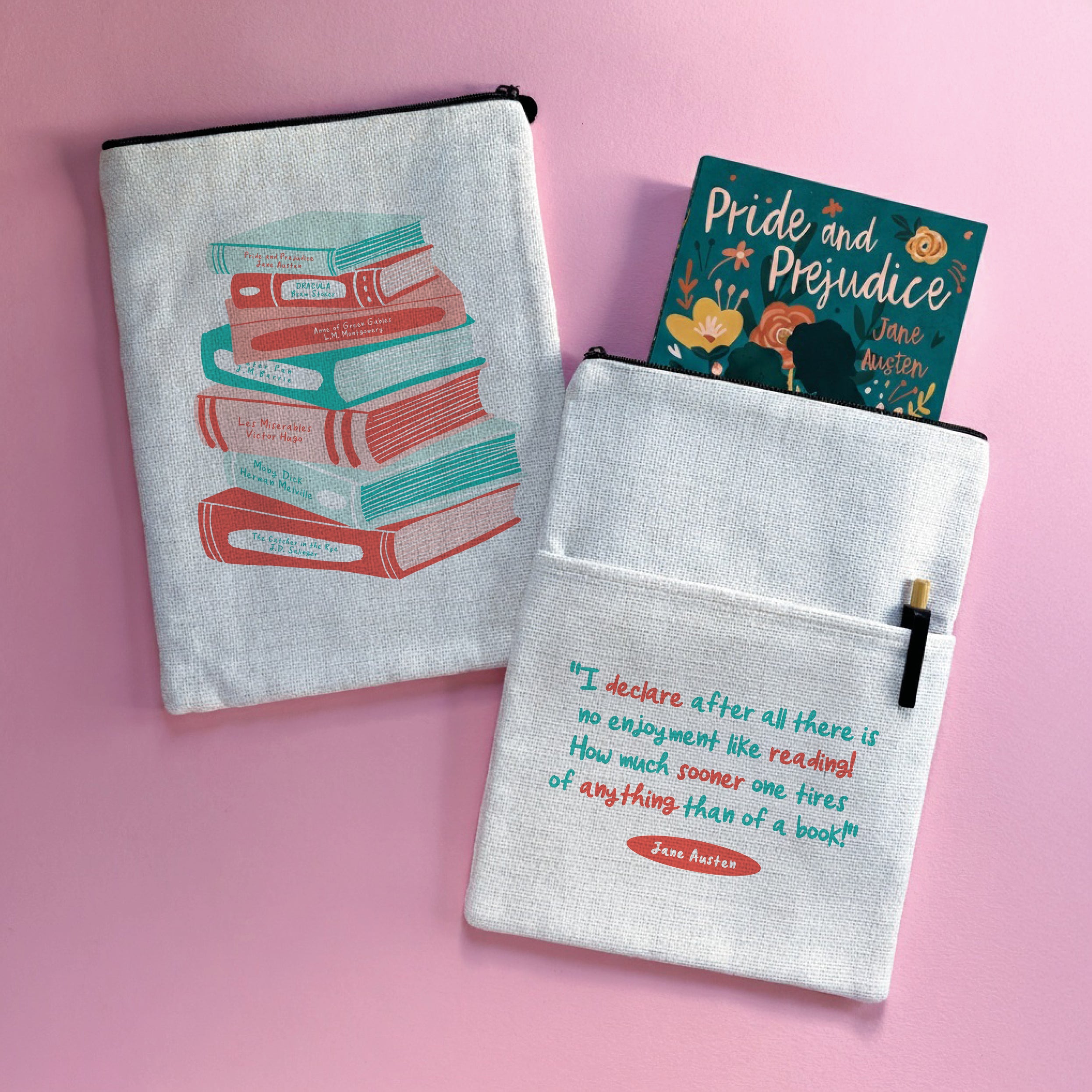 Book lover quote book sleeve with Jane Austen reading quote and illustrated stack of books