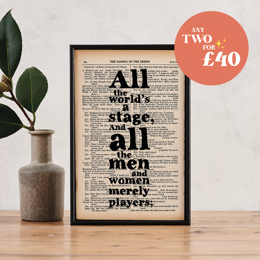 William Shakespeare book quote. Frame book page print. Inspirational and motivational quote. All the worlds a stage. A wonderful literary gift for any book lover, bookworms, readers and bibliophile.