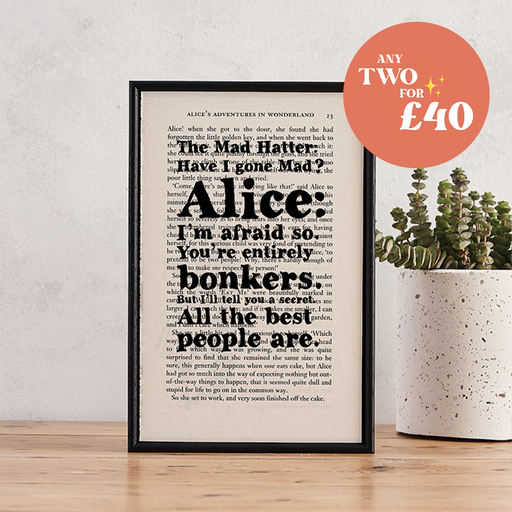 Alice in Wonderland Book Page Print. Art print. The Mad Hatter Gift. Bonkers. Home decor for readers. Perfect for book lovers, bookworms, bibliophiles and readers. Lewis Carroll.