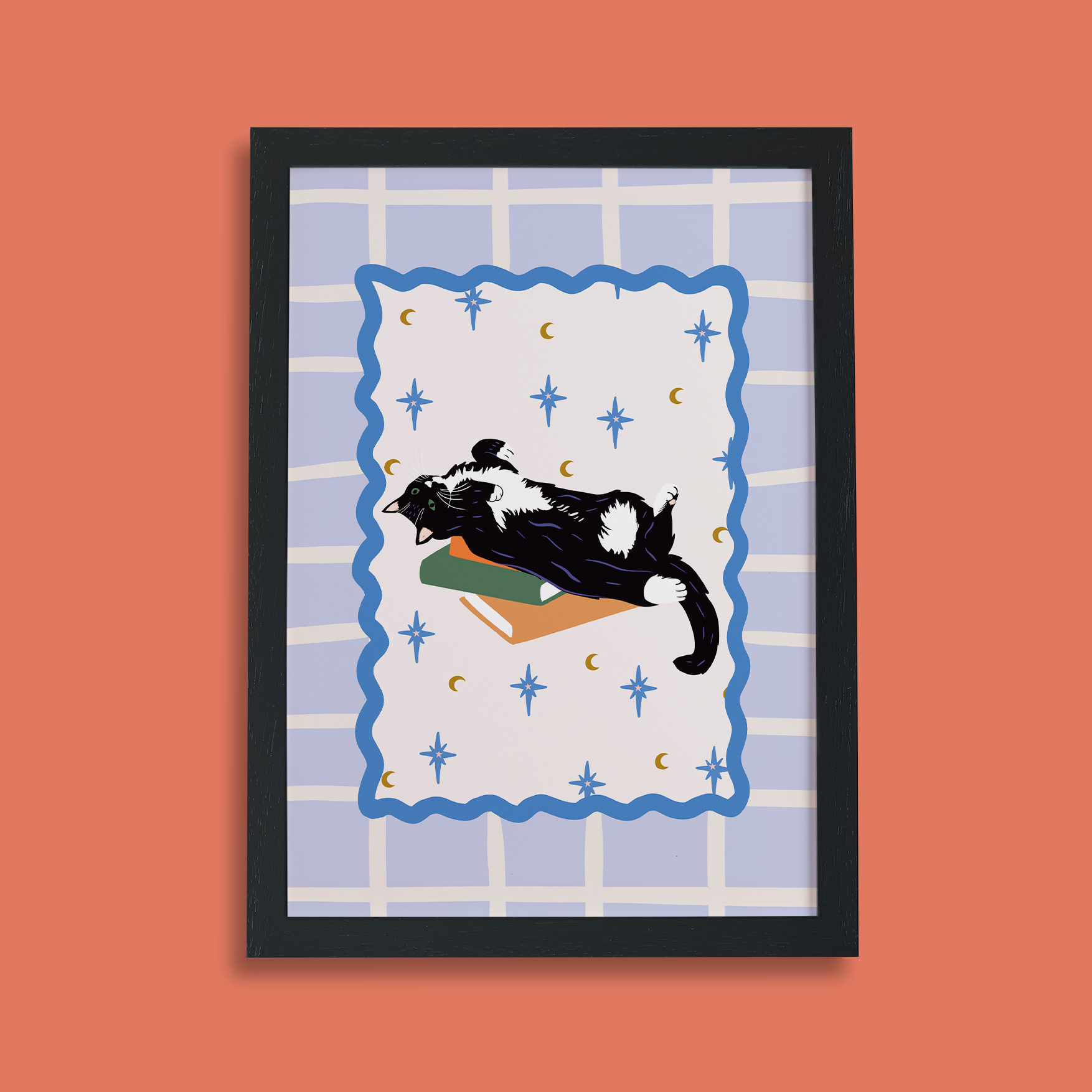 Books and Cats Print - Black and White Tuxedo Short Hair Cat