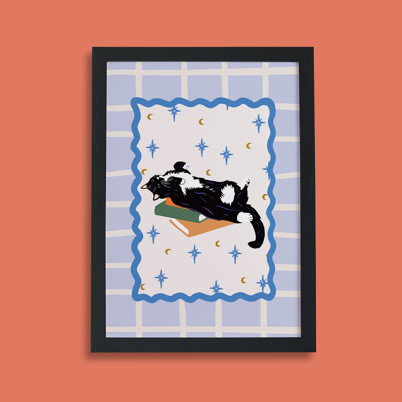 Books and Cats Print - Black and White Tuxedo Short Hair Cat