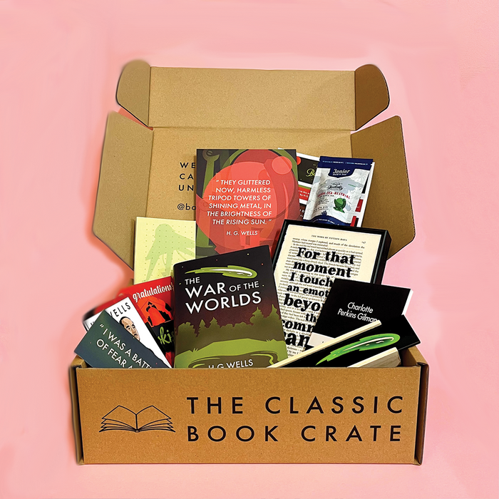The Bookishly Classic Book Crate War of the Worlds theme. Featuring War of the Worlds - The Bookishly Edition, Penguin Little Black Classic, Collector's Edition Author Stat Card, Book Page Print, Bookmark, Set of 6 postcards, A4 Desk Pad, Wooden Pencil Case and pencils, A5 Print, Bookishly Tea from Jenier