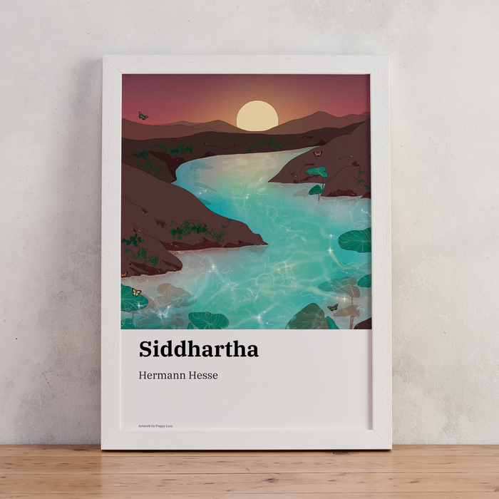 Siddhartha by Hermann Hesse. Collaboration between Bookishly and Audrey Audiobooks. Inspired by Classic Literature. Artwork for book lovers and bookworms.