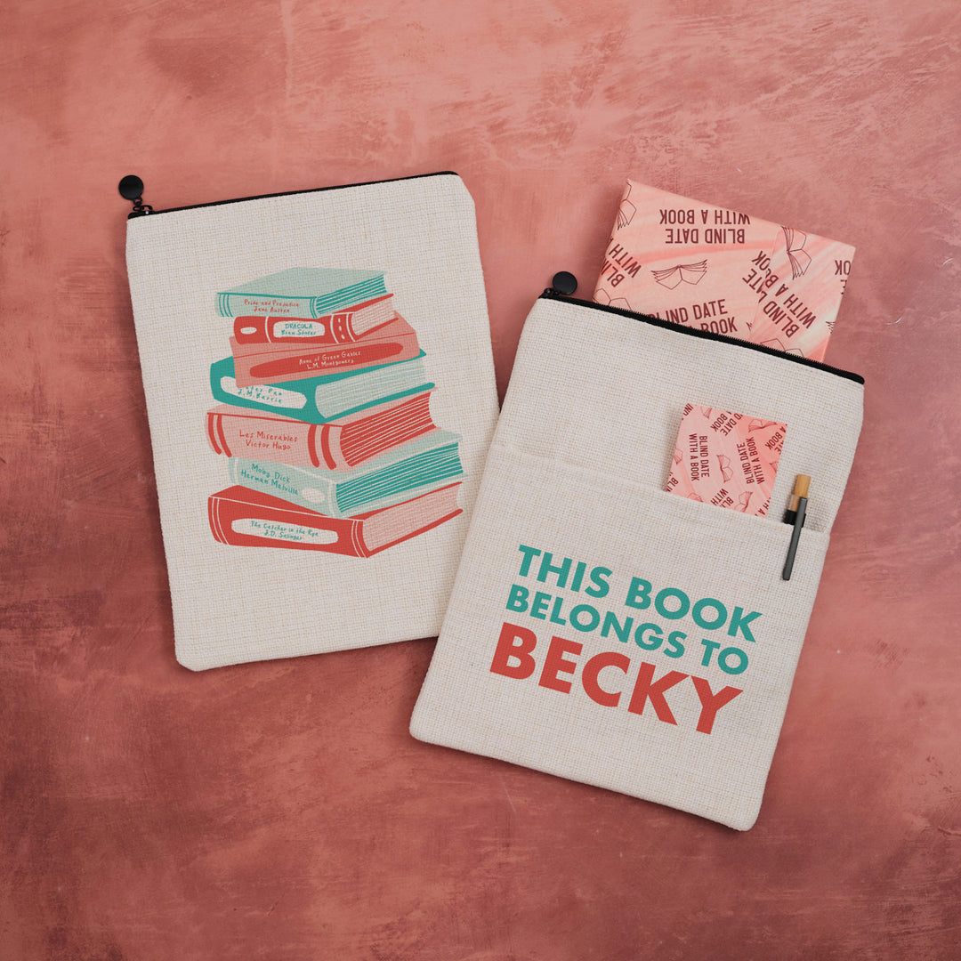 Personalised book sleeve with mystery classic book bundle, blind date with a book gift set for readers