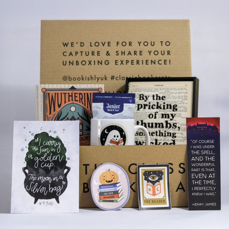Bookish boo basket gift box with classic novel, mug, tea, framed book page print, stickers, postcard, and bookmark.