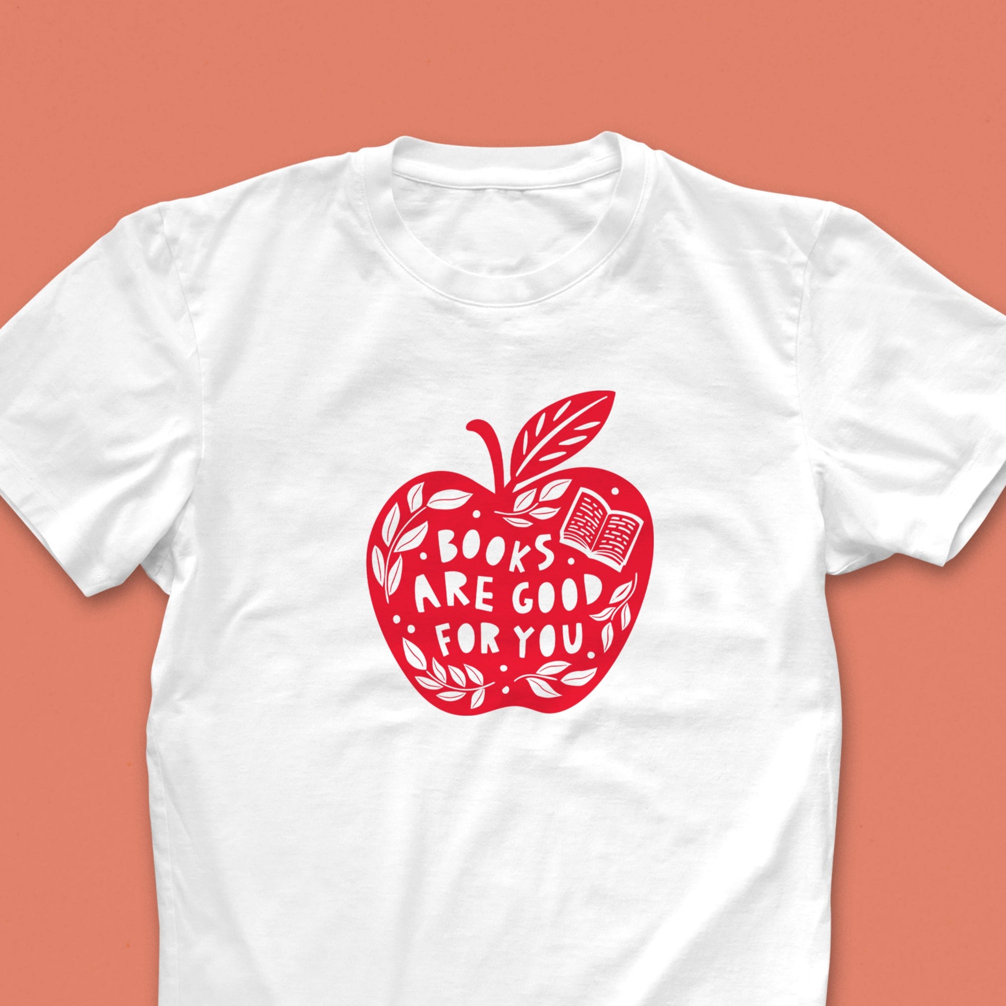 Books are good for you. Literary Activist t-shirt. Clothing for book lover, bookworms, readers and bibliophiles. Educational clothing. Red Apple. Power of reading. Bookishly.