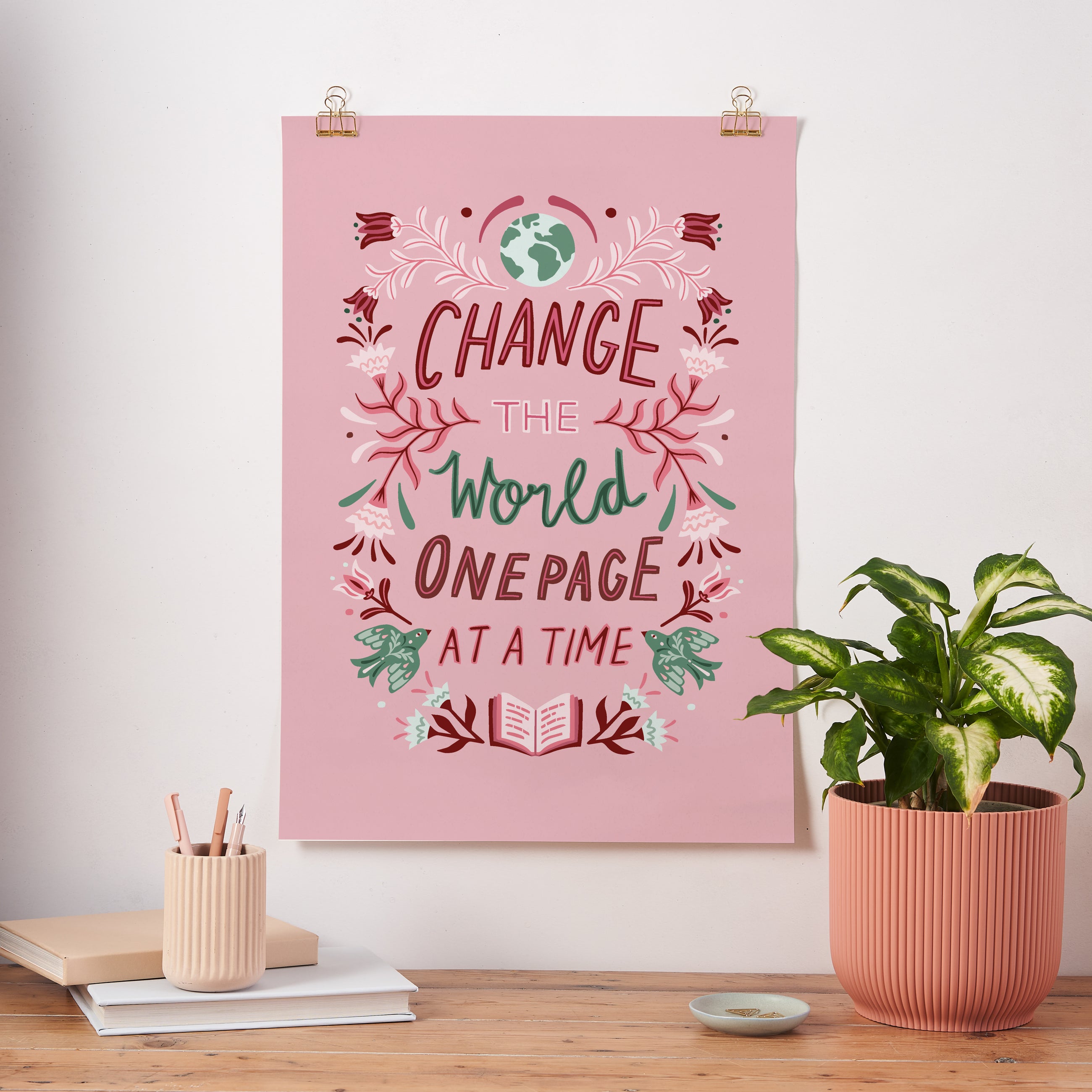 Change the World One Page at a Time Folk Art Poster - Book Lover Gift