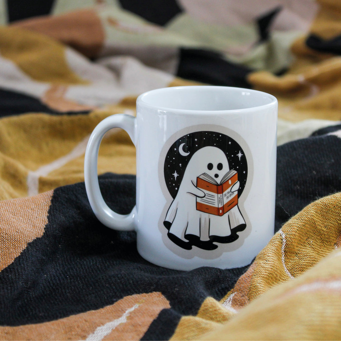 Bookish ghost mug from the Bookishly boo basket Halloween gift set.