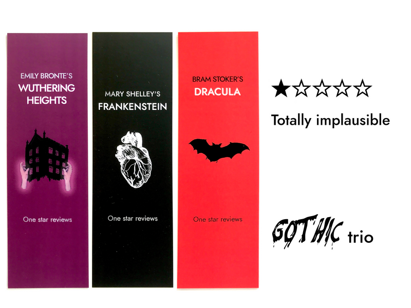 Set of three funny gothic bookmarks featuring Wuthering Heights, Frankenstein and Dracula one star review designs