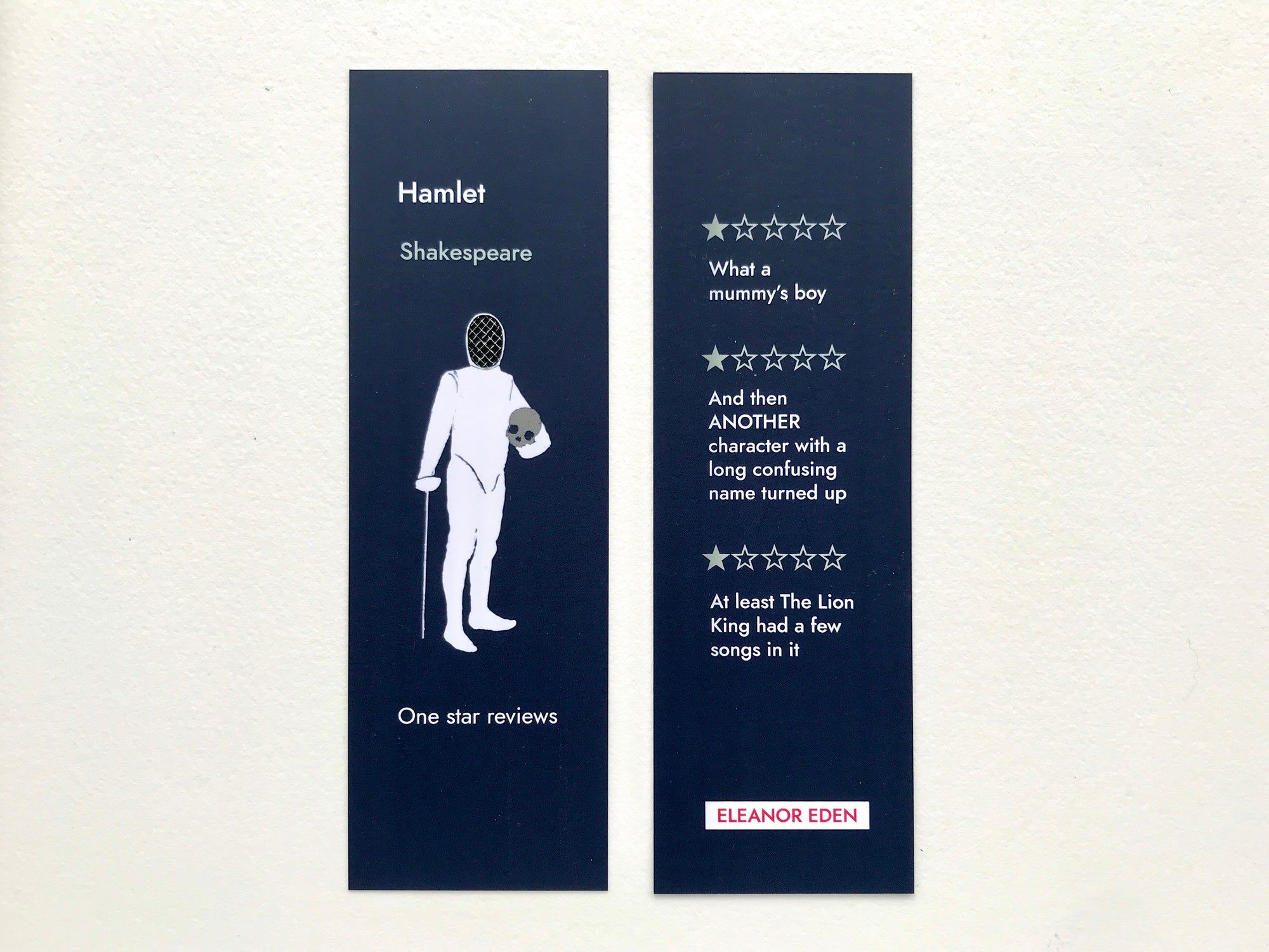 Funny Hamlet bookmark with one star review joke design
