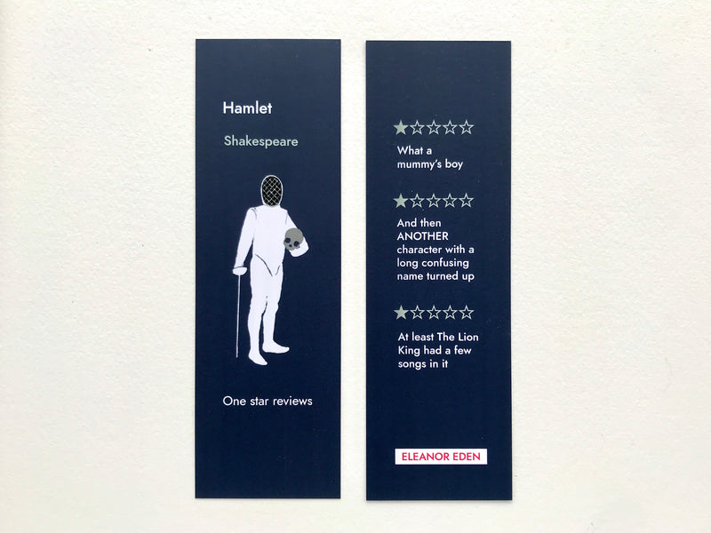 Funny Hamlet bookmark with one star review joke design
