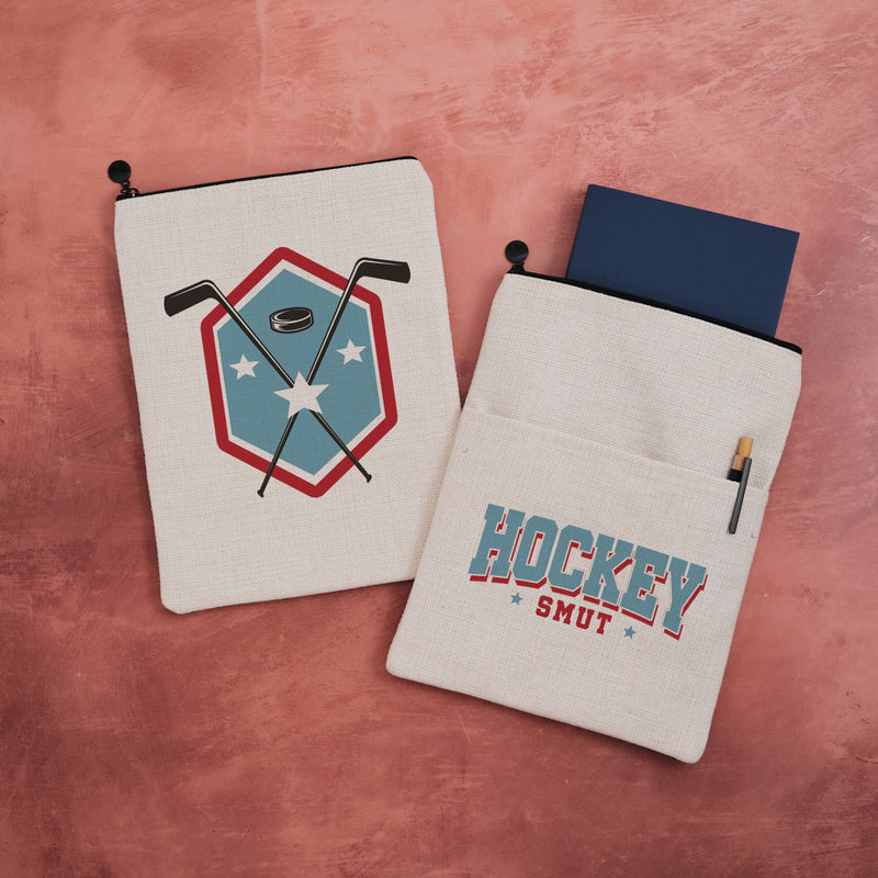 Hockey smut book sleeve with sports style text on natural fabric