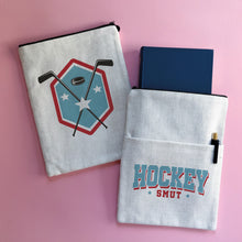 Hockey smut book sleeve with sports style text on natural fabric