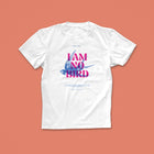 “I Am No Bird” Charlotte Brontë feminist quote T-shirt in bold pink and blue, with swallow illustration and literary design