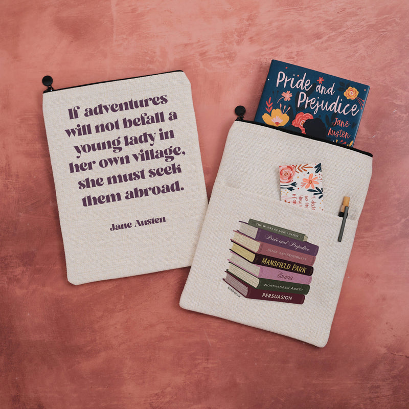 Jane Austen book sleeve featuring Austen quote and illustrated stack of her novels on a pink background