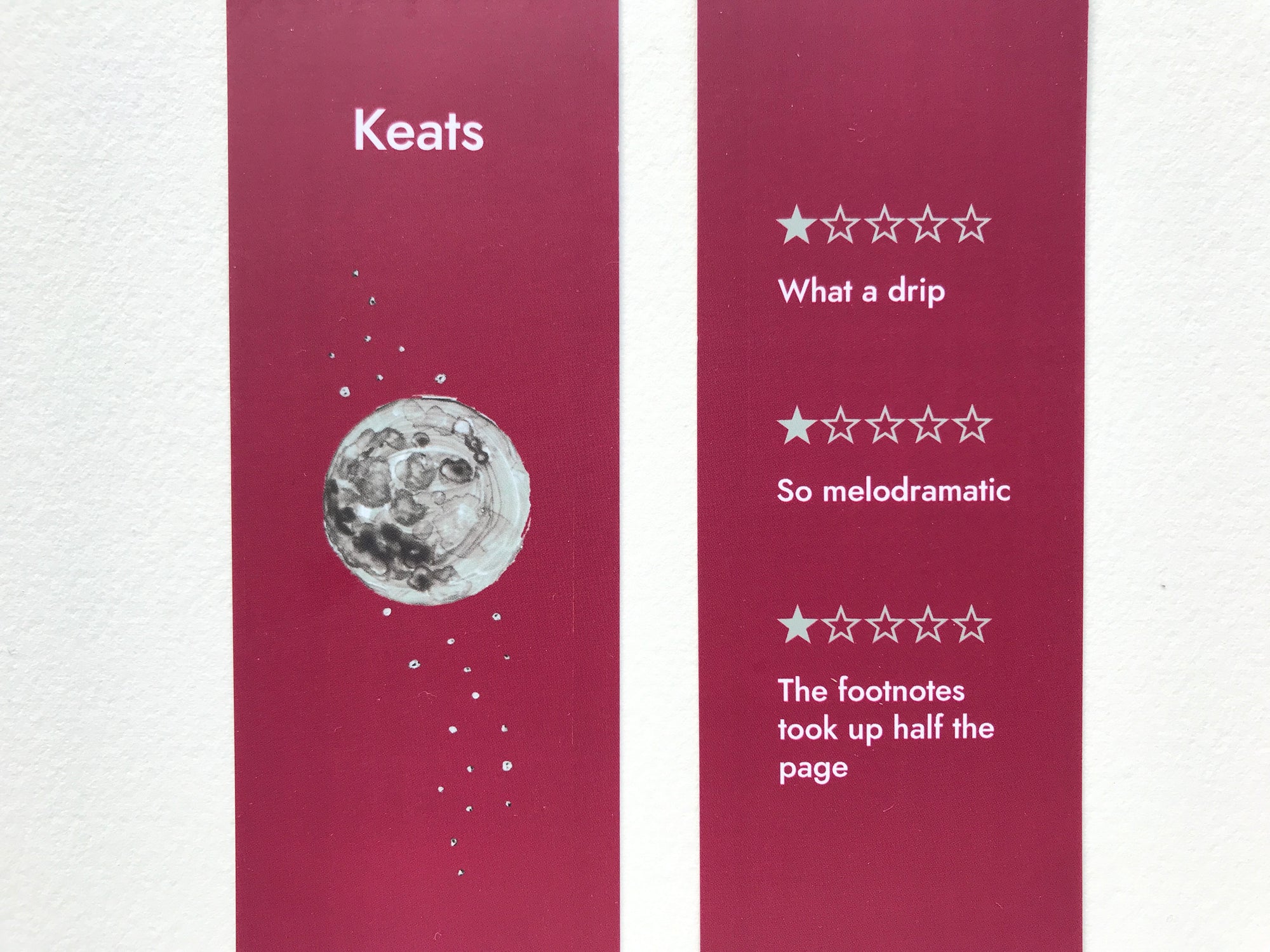 Funny Keats poetry bookmark with one star review design