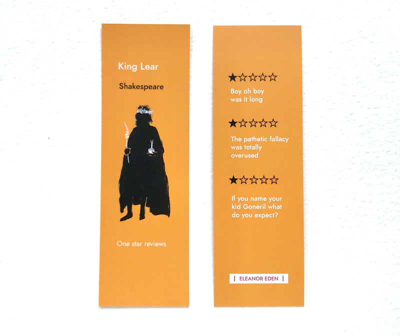 Funny King Lear bookmark with one star review joke
